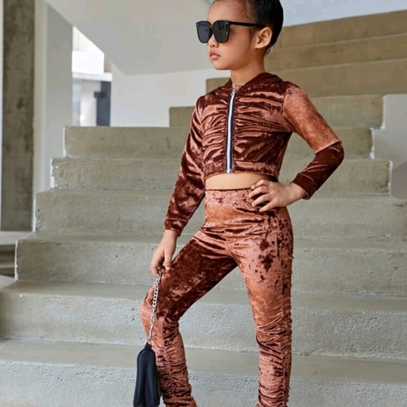 NWOT Girls Fall Brown Velour & Ruching Matching Jacket & Leggings Set Size 5 - Picture 16 of 16